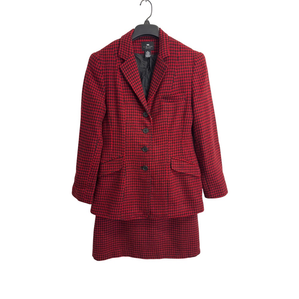 Limited America Red Black Houndstooth Wool Mohair Skirt Suit Set Size 6 Vintage